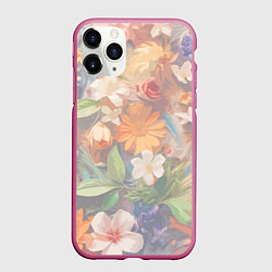 Чехол iPhone 11 Pro матовый Бледный цветочный узор, цвет: 3D-малиновый