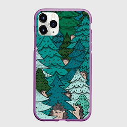 Чехол iPhone 11 Pro матовый Ежи в еловом лесу, цвет: 3D-фиолетовый
