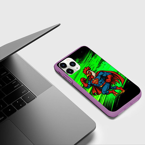 Чехол iPhone 11 Pro матовый Петух - супергерой / 3D-Фиолетовый – фото 3