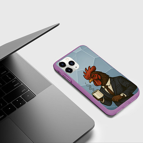 Чехол iPhone 11 Pro матовый Петух бизнесмен с кофе / 3D-Фиолетовый – фото 3