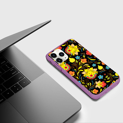 Чехол iPhone 11 Pro матовый Хохлома узор / 3D-Фиолетовый – фото 3