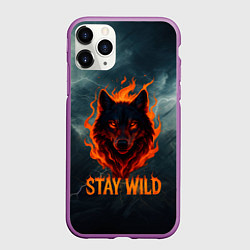 Чехол iPhone 11 Pro матовый Stay wild волк в огне, цвет: 3D-фиолетовый