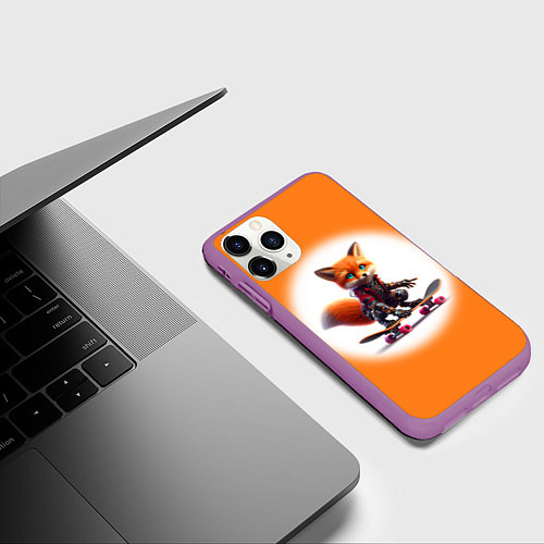 Чехол iPhone 11 Pro матовый Cyber fox cub is a cool skateboarder - ai art / 3D-Фиолетовый – фото 3