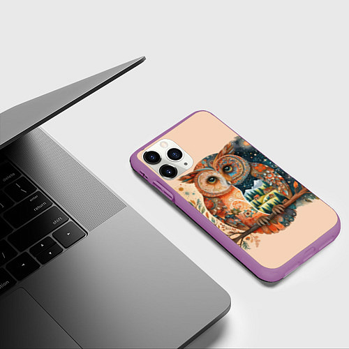 Чехол iPhone 11 Pro матовый Сова разделенная на день и ночь абстракция / 3D-Фиолетовый – фото 3