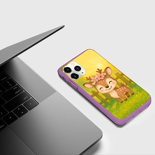 Чехол iPhone 11 Pro матовый Милый олененок на зеленом дворе / 3D-Фиолетовый – фото 3
