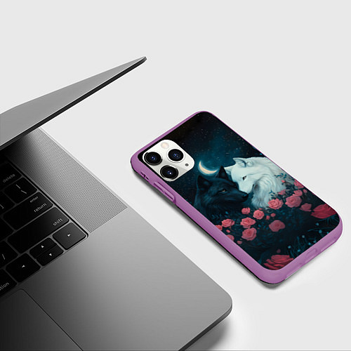 Чехол iPhone 11 Pro матовый Влюбленные волки и розы / 3D-Фиолетовый – фото 3