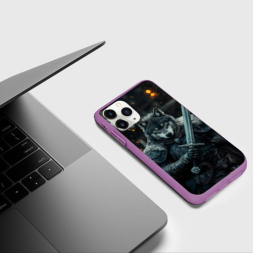 Чехол iPhone 11 Pro матовый Воин волк с мечом / 3D-Фиолетовый – фото 3