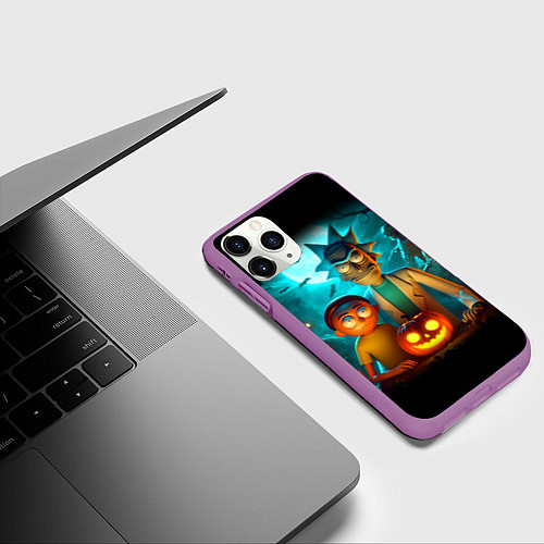 Чехол iPhone 11 Pro матовый Morty and Rick with pumpkin - neon halloween / 3D-Фиолетовый – фото 3