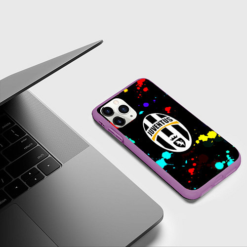 Чехол iPhone 11 Pro матовый Ювентус брызги красок неон / 3D-Фиолетовый – фото 3