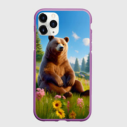 Чехол iPhone 11 Pro матовый Русский мишка сидит на траве, цвет: 3D-фиолетовый