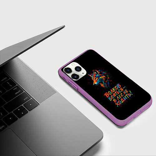 Чехол iPhone 11 Pro матовый Волк брызги красок на черном / 3D-Фиолетовый – фото 3