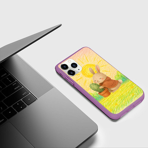 Чехол iPhone 11 Pro матовый Заяц обнимает кактус / 3D-Фиолетовый – фото 3