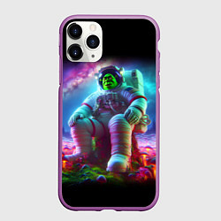 Чехол iPhone 11 Pro матовый Шрек космонавт на планете неоновых грибов, цвет: 3D-фиолетовый