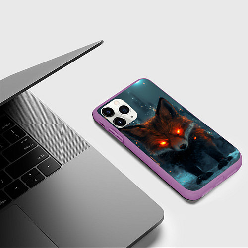 Чехол iPhone 11 Pro матовый Лисица в городе киберпанк / 3D-Фиолетовый – фото 3