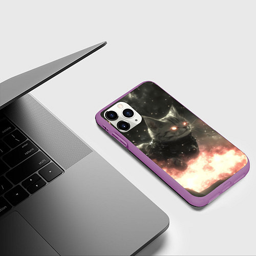 Чехол iPhone 11 Pro матовый Кот парит в космосе киберпанк / 3D-Фиолетовый – фото 3