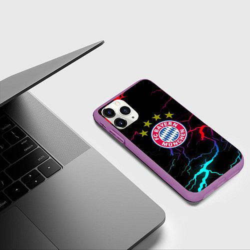 Чехол iPhone 11 Pro матовый Бавария Мюнхен неновые молнии / 3D-Фиолетовый – фото 3