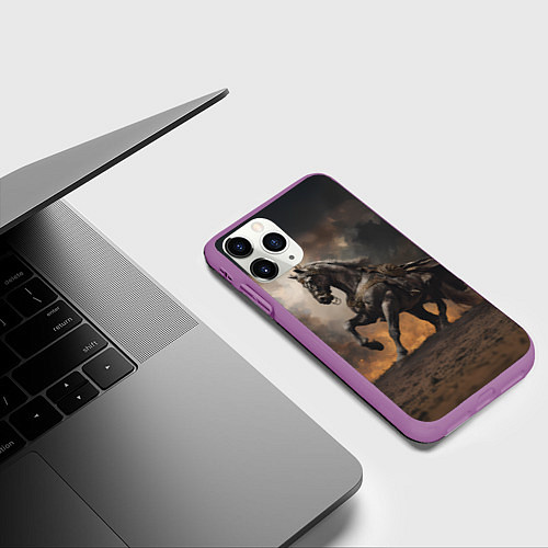 Чехол iPhone 11 Pro матовый Конь на фоне бури / 3D-Фиолетовый – фото 3