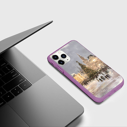 Чехол iPhone 11 Pro матовый Новогодние гуляния в Москве / 3D-Фиолетовый – фото 3