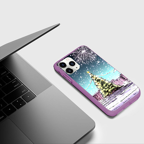 Чехол iPhone 11 Pro матовый Москва - новогодний салют / 3D-Фиолетовый – фото 3