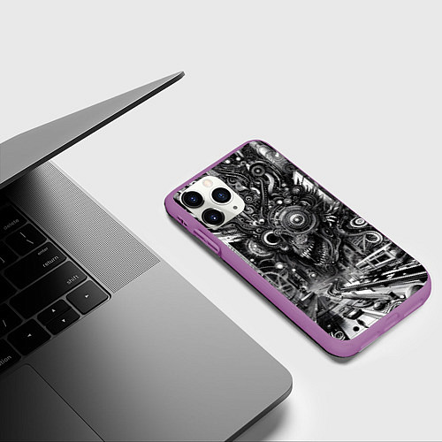 Чехол iPhone 11 Pro матовый Cyber urban skull - ai art fantasy / 3D-Фиолетовый – фото 3