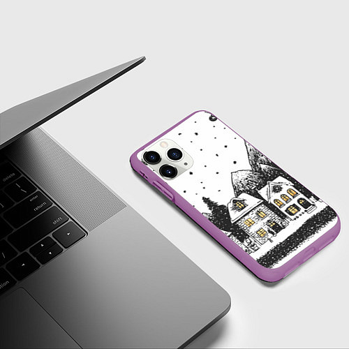 Чехол iPhone 11 Pro матовый Черно-белый новогодний город / 3D-Фиолетовый – фото 3