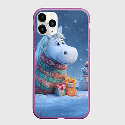 Чехол iPhone 11 Pro матовый Новогодняя лошадь с подарками, цвет: 3D-фиолетовый