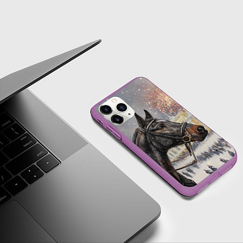 Чехол iPhone 11 Pro матовый Конь на фоне салюта / 3D-Фиолетовый – фото 3