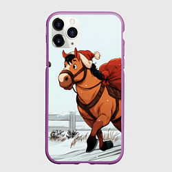 Чехол iPhone 11 Pro матовый Лошадка везет новогодние подарки