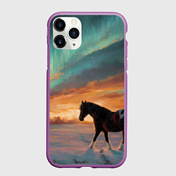 Чехол iPhone 11 Pro матовый Лошадь на фоне северного сиянми, цвет: 3D-фиолетовый
