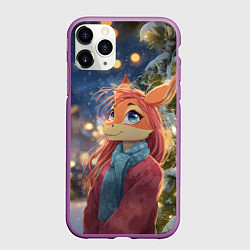 Чехол iPhone 11 Pro матовый Рыжая лошадка на фоне Нового года