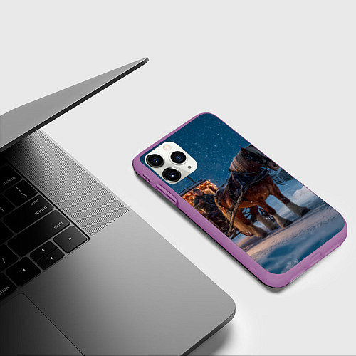 Чехол iPhone 11 Pro матовый Новогодняя лошадка с повозкой / 3D-Фиолетовый – фото 3
