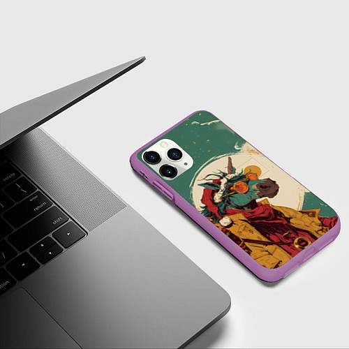 Чехол iPhone 11 Pro матовый Новогодний конь в желтых очках / 3D-Фиолетовый – фото 3