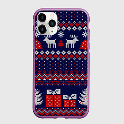 Чехол iPhone 11 Pro матовый Новогодний вязаный паттерн, цвет: 3D-фиолетовый