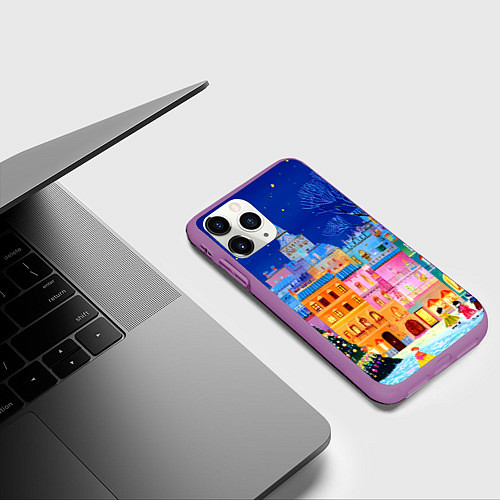 Чехол iPhone 11 Pro матовый Разноцветные новогодние домики / 3D-Фиолетовый – фото 3