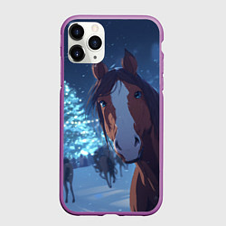 Чехол iPhone 11 Pro матовый Лошадь на фоне новогодней елки, цвет: 3D-фиолетовый