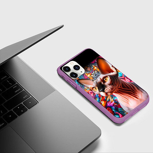 Чехол iPhone 11 Pro матовый Sphynx on a graffiti background / 3D-Фиолетовый – фото 3