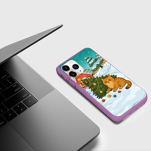 Чехол iPhone 11 Pro матовый Толстый кот уронил елку / 3D-Фиолетовый – фото 3