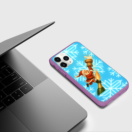 Чехол iPhone 11 Pro матовый Санта летит на пробке шампанского / 3D-Фиолетовый – фото 3