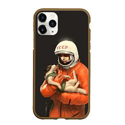 Чехол iPhone 11 Pro матовый Гагарин с лайкой, цвет: 3D-коричневый