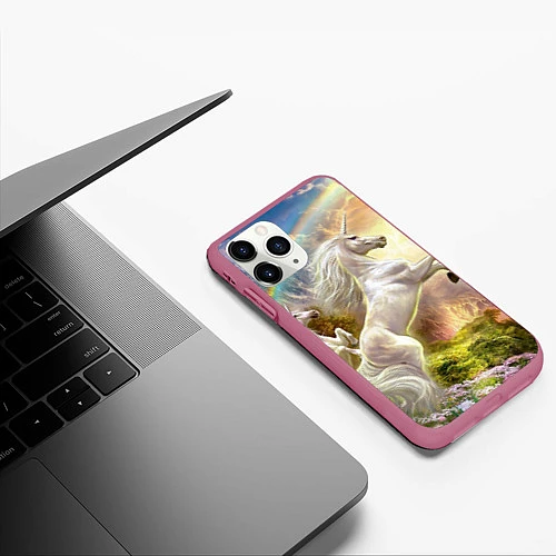Чехол iPhone 11 Pro матовый Радужный единорог / 3D-Малиновый – фото 3
