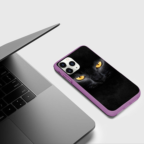Чехол iPhone 11 Pro матовый Черная кошка / 3D-Фиолетовый – фото 3