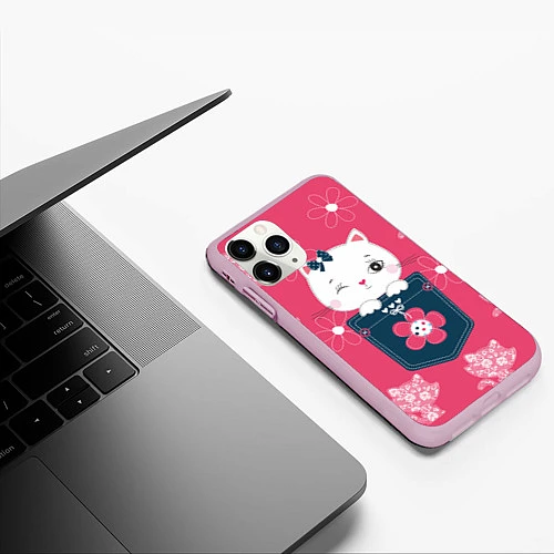 Чехол iPhone 11 Pro матовый Милая киска / 3D-Розовый – фото 3