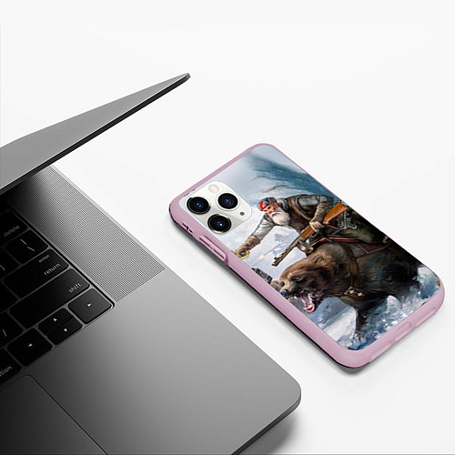 Чехол iPhone 11 Pro матовый Русский воин на медведе / 3D-Розовый – фото 3