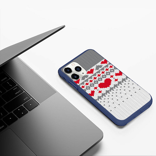 Чехол iPhone 11 Pro матовый Узор с сердечками / 3D-Тёмно-синий – фото 3