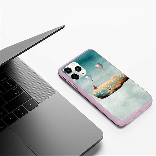 Чехол iPhone 11 Pro матовый Летящий кит / 3D-Розовый – фото 3
