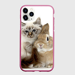 Чехол iPhone 11 Pro матовый Кот и кролик пушистые, цвет: 3D-малиновый