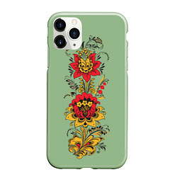 Чехол iPhone 11 Pro матовый Хохлома: цветы, цвет: 3D-салатовый