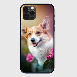 Чехол для iPhone 12 Pro Max Корги в розовом кусте, цвет: 3D-черный