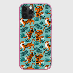 Чехол для iPhone 12 Pro Max Рычащие Тигры Паттерн, цвет: 3D-малиновый