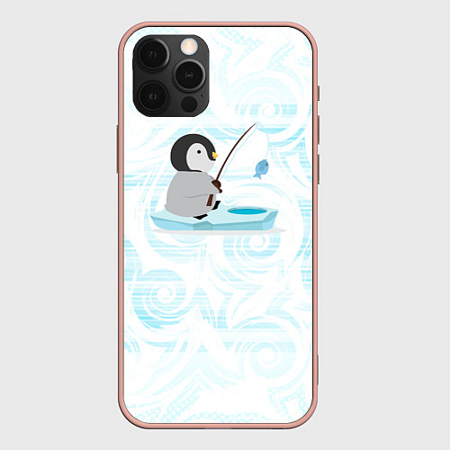 Чехол iPhone 12 Pro Max Пингвин рыбачит / 3D-Светло-розовый – фото 1